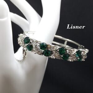 Vintage Lisner Emerald Green Rhinestone Hinged Bracelet w/ Safety Chain 1960s